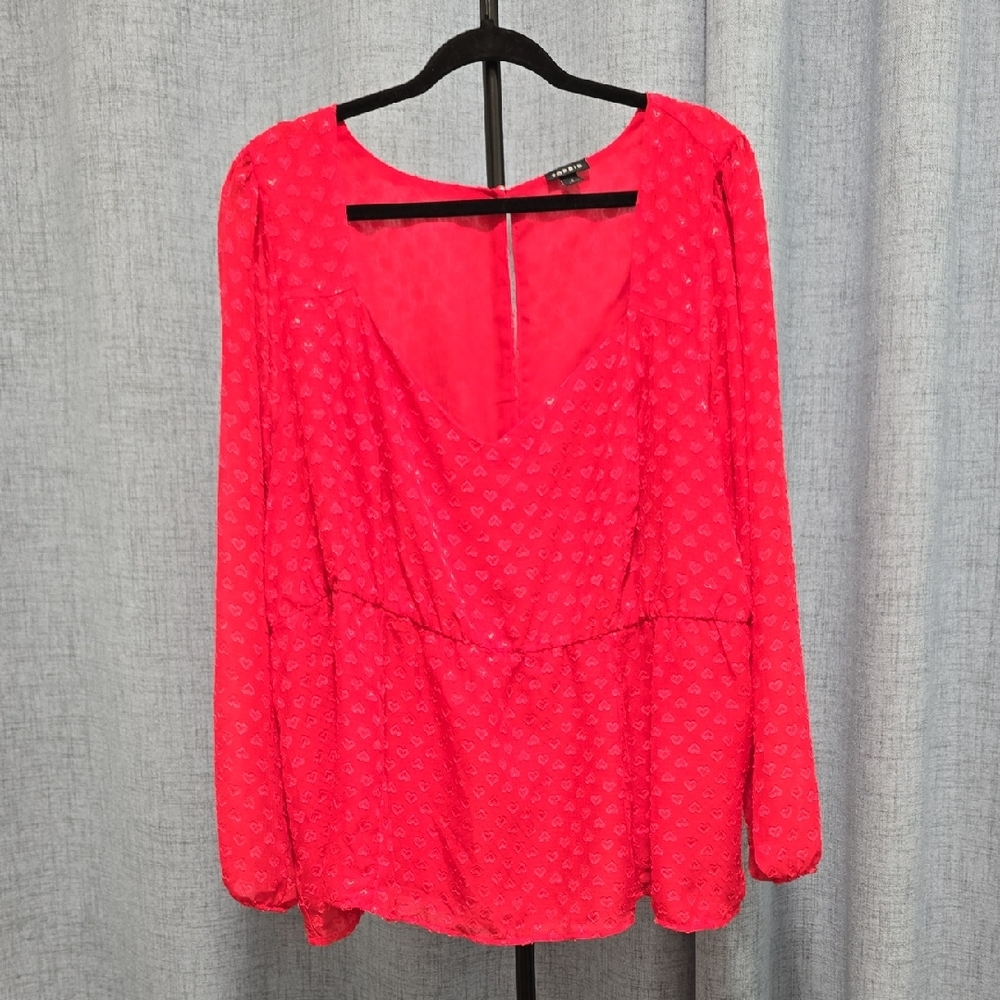 Torrid Red Heart Textured‎ Women's Blouse Elastic Waist And Lantern Sleeves 3x
